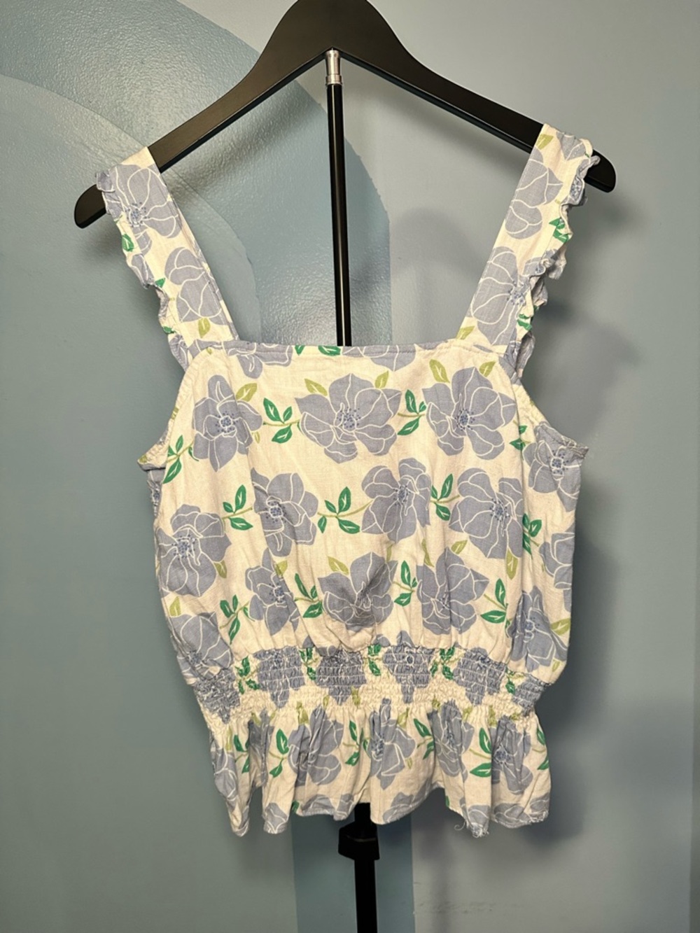 Draper James Blue & Green Floral Ruffle Strap Tank
